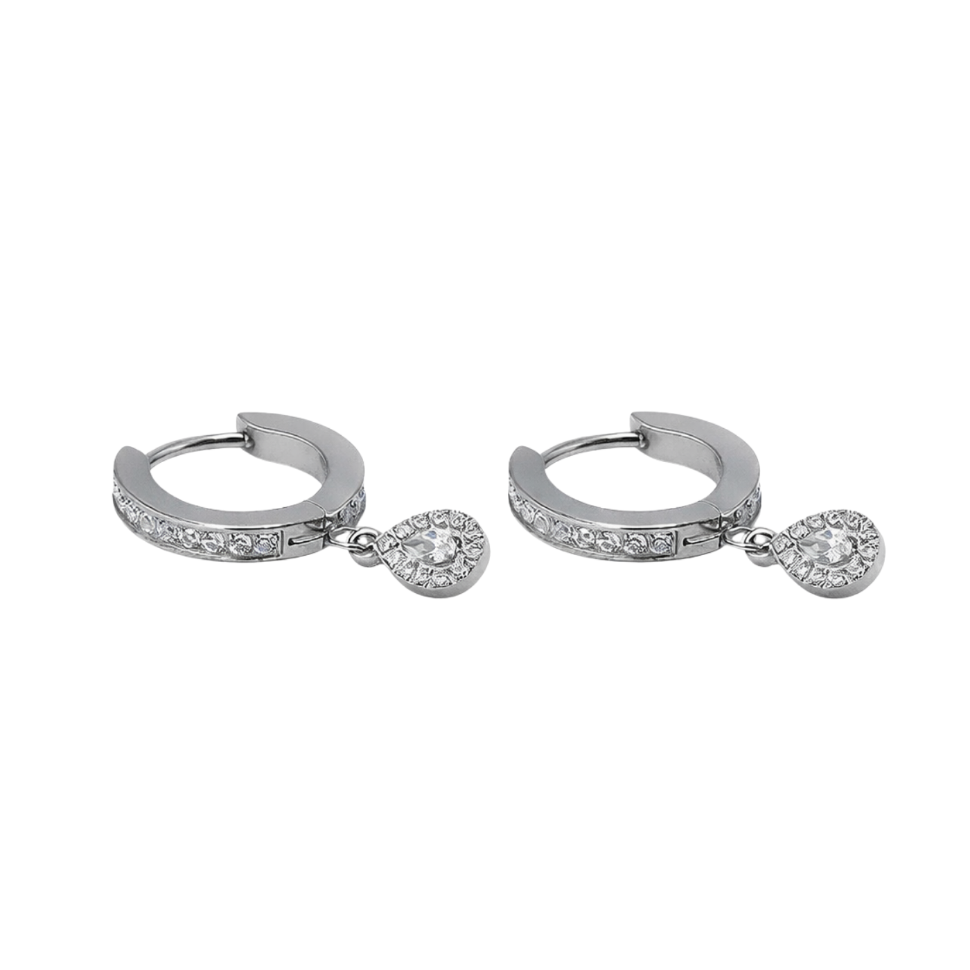 Argola Lumi Cravejada em Titânio com Pingente Gota Cristal | Pratinhas