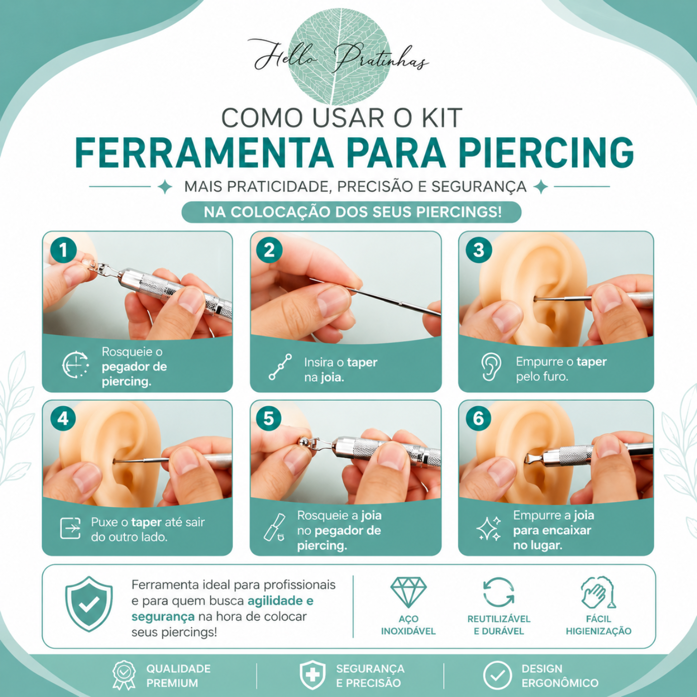 Caneta Aplicadora de Piercing em Aço Inoxidável Profissional | Pratinhas