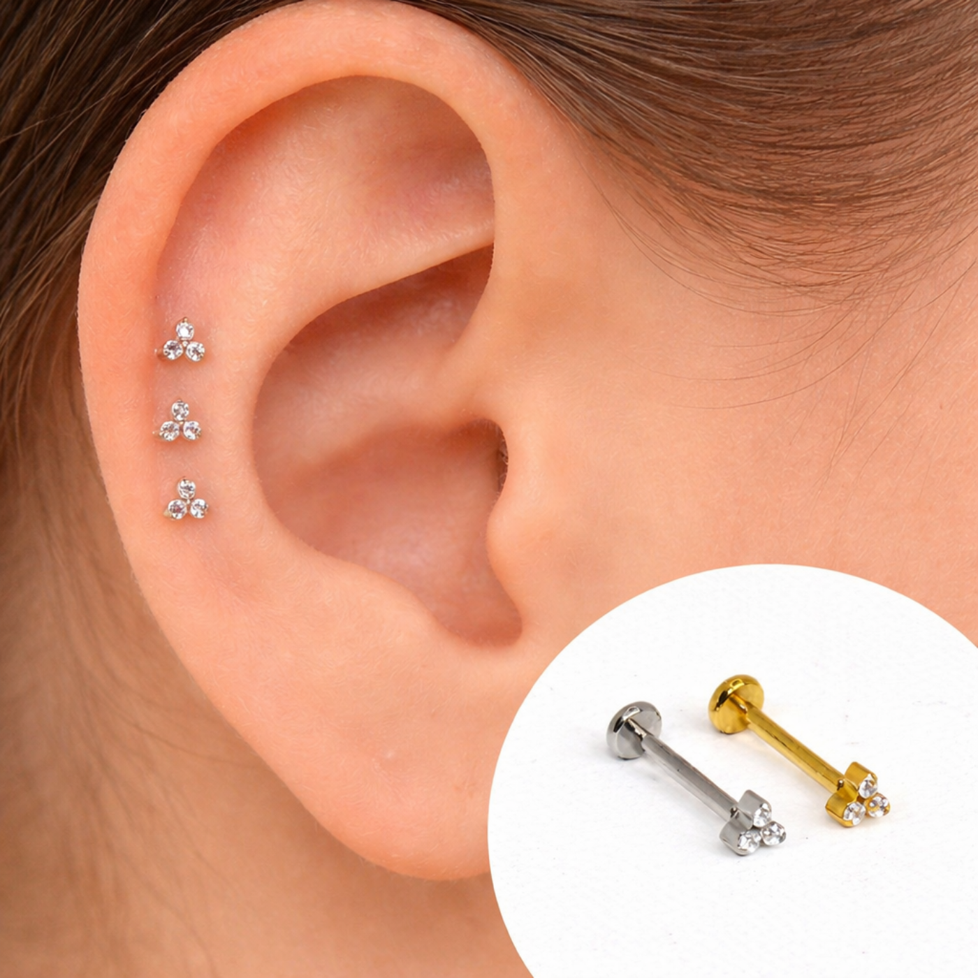Piercing Trio Australiano Flor de Cristal em Titânio | Pratinhas