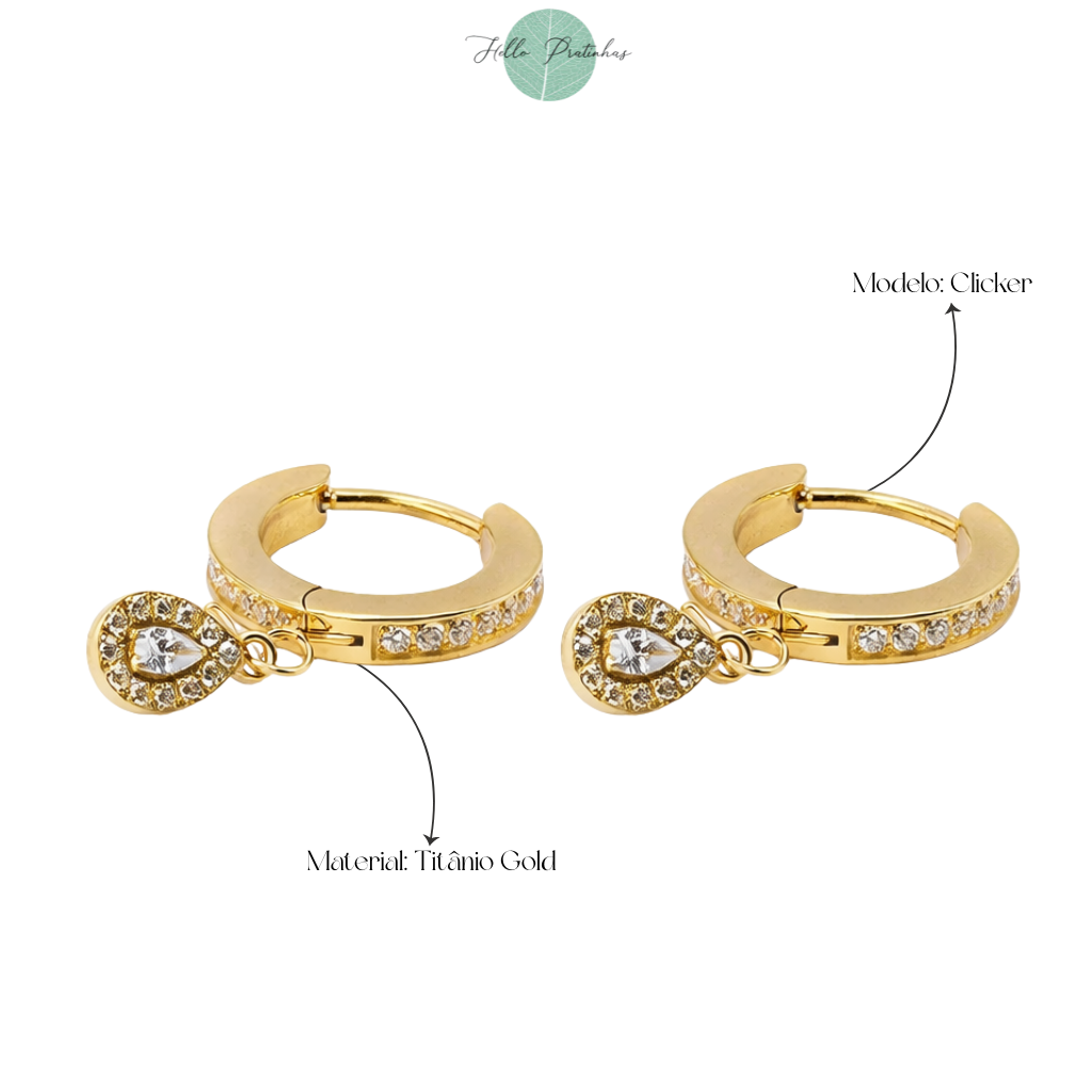 Argola Lumi Gold Pratinhas - Pingente Gota e Zircônia Cristal