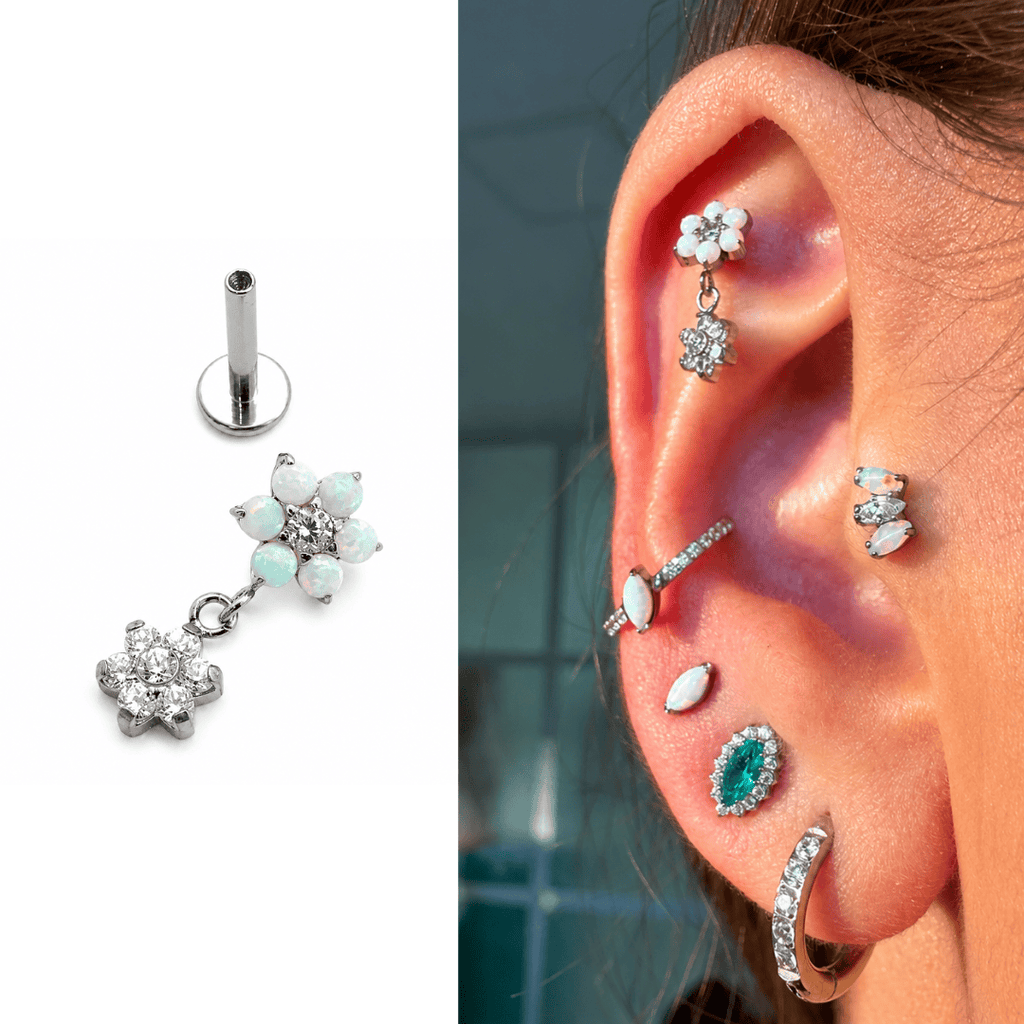 Piericng Flor de Opala Branca com pingente flor de zircônia Natural | Pratinhas