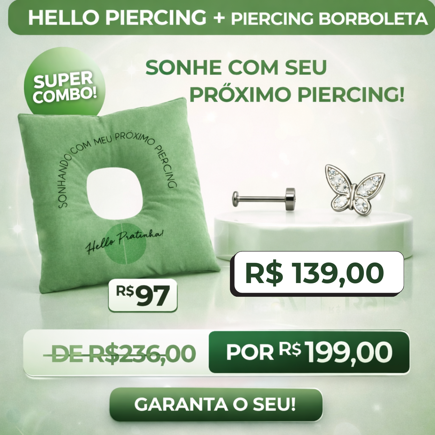 Kit Almofada de Cicatrização + Piercing em Titânio | Pratinhas