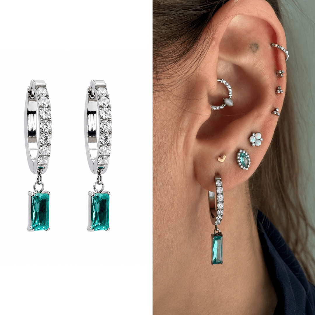 Argola de Titânio com Zircônia Verde Retangular 12mm | Pratinhas
