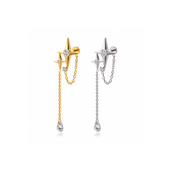 Piercing Constelação com Corrente e Gota em Titânio | Pratinhas