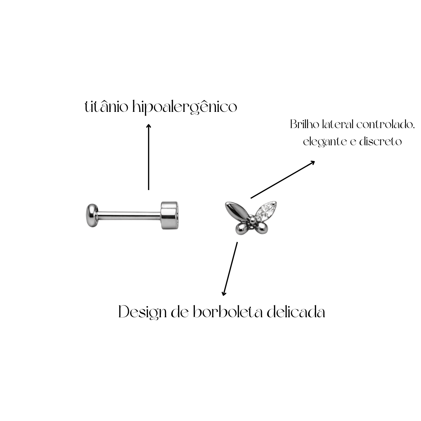 Piercing Borboleta Com Brilho em Titânio - Pratinhas