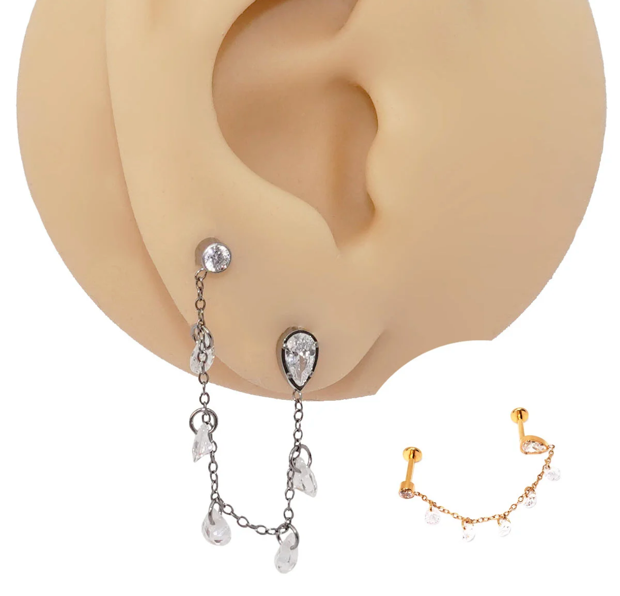 Piercing Helix com Corrente Crystal em Titânio | Pratinhas