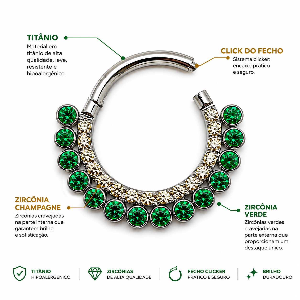 Piercing Articulado em Titânio com Zircônias Verdes 8mm | Pratinhas