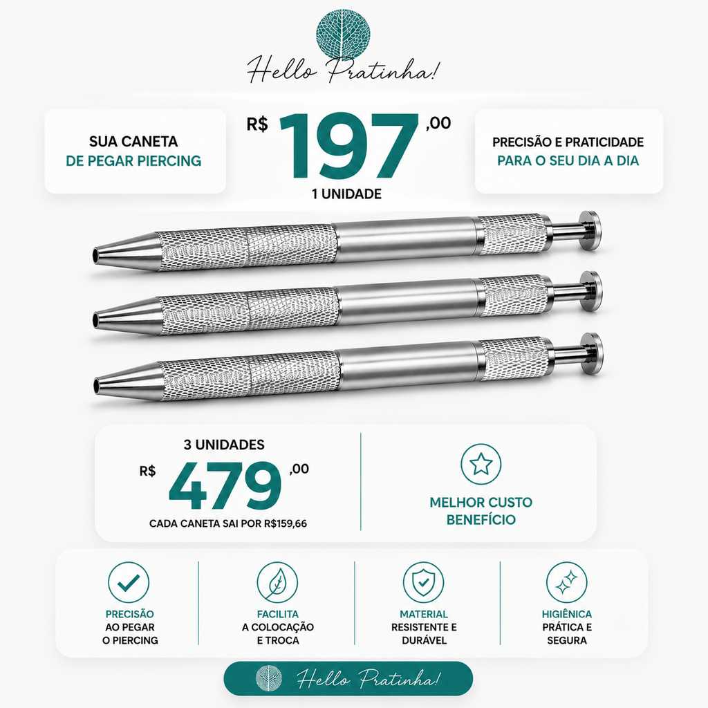 Caneta Aplicadora de Piercing em Aço Inoxidável Profissional | Pratinhas