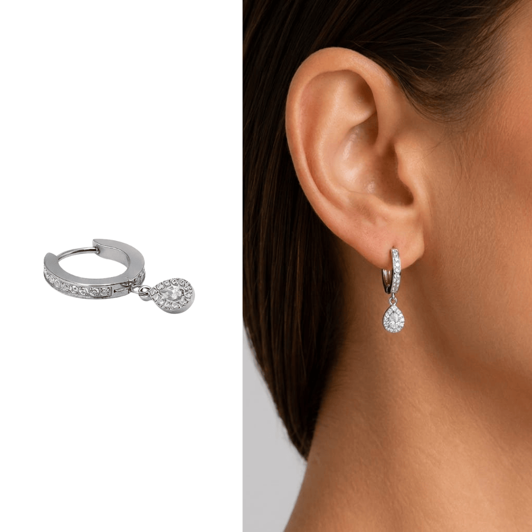 Brinco Lumi Cravejada em Titânio com Pingente Gota Cristal 12mm | Pratinhas