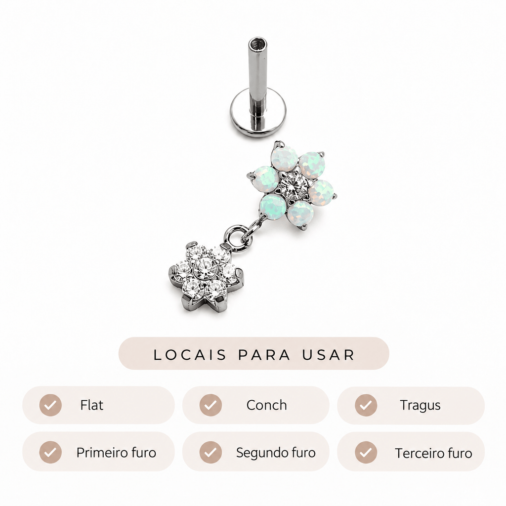Piericng Flor de Opala Branca com pingente flor de zircônia Natural | Pratinhas